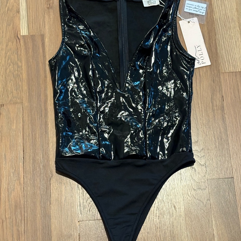 Oh Polly Black Bodysuit One Piece with Glossy Finish